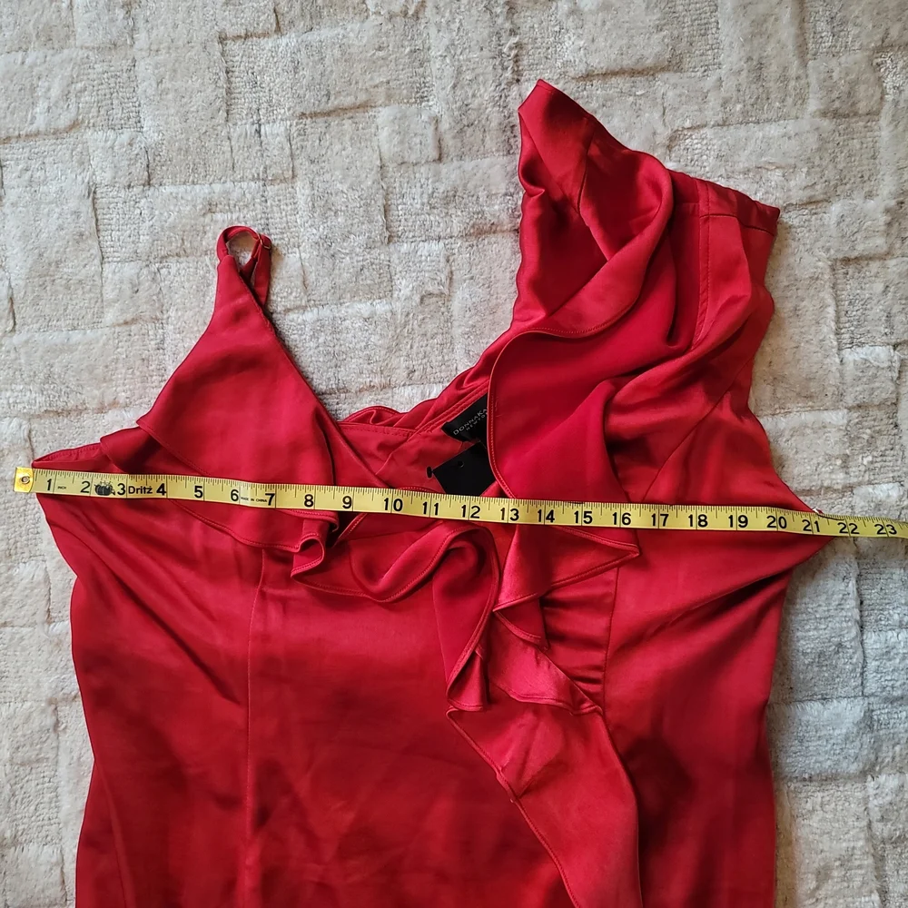 NWT DONNA KARAN Satin Sleeveless Asymmetric Ruffle Red V Neck Size 14 - Picture 10 of 11